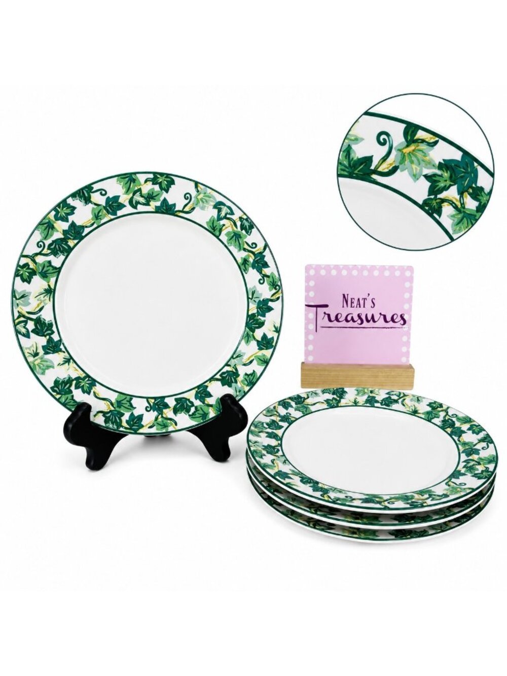 Riviera Van Beers Green IVY TRELLIS Vines White Stoneware Salad Plates Set of 4